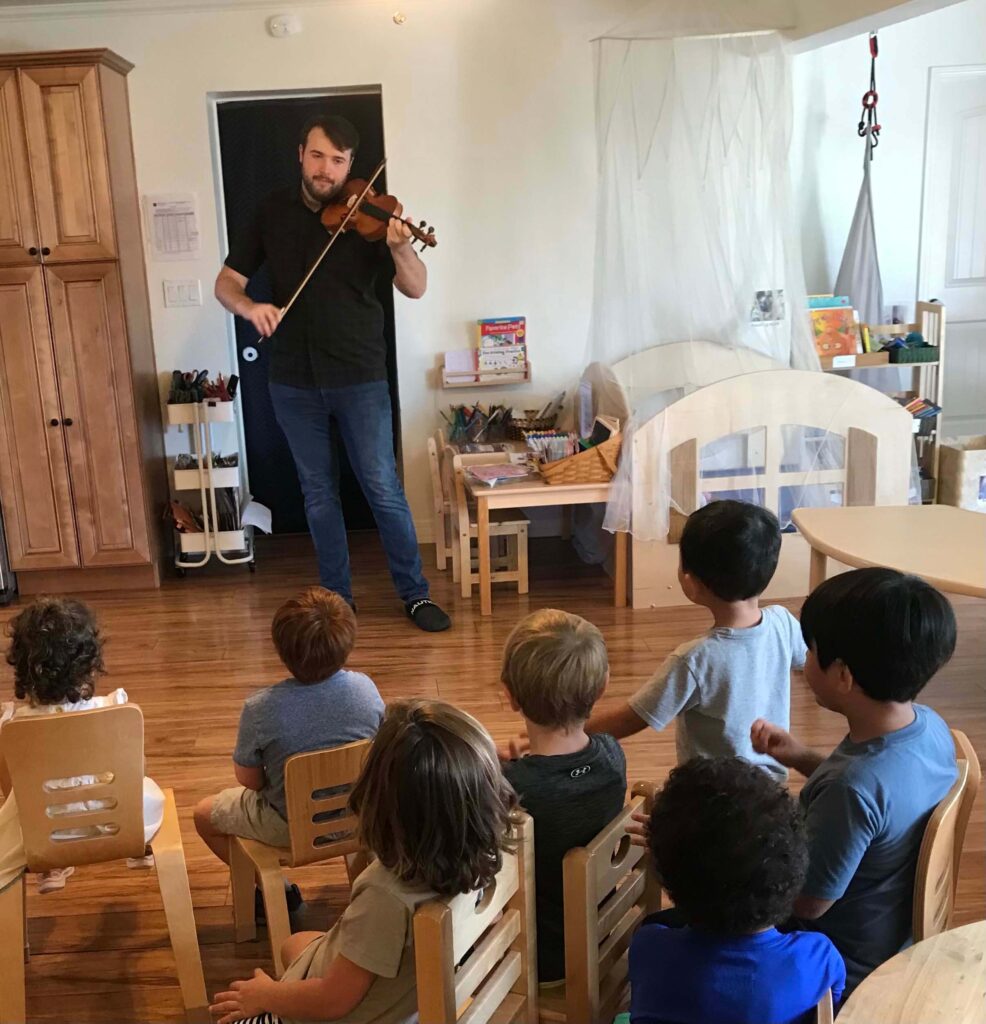 Inspired by Scott Gustafson’s ANIMAL ORHCESTRA, the children expressed a lot of interest in musical instruments beyond what they interact with in our rich collection. To deepen their inquiry, we invited a musician who not only played a couple of string instruments, but also answered the children’s questions. Each child tried to create sounds on several new instruments. The musician’s visit led us to listening of various kinds of classical music featuring some instruments we tried