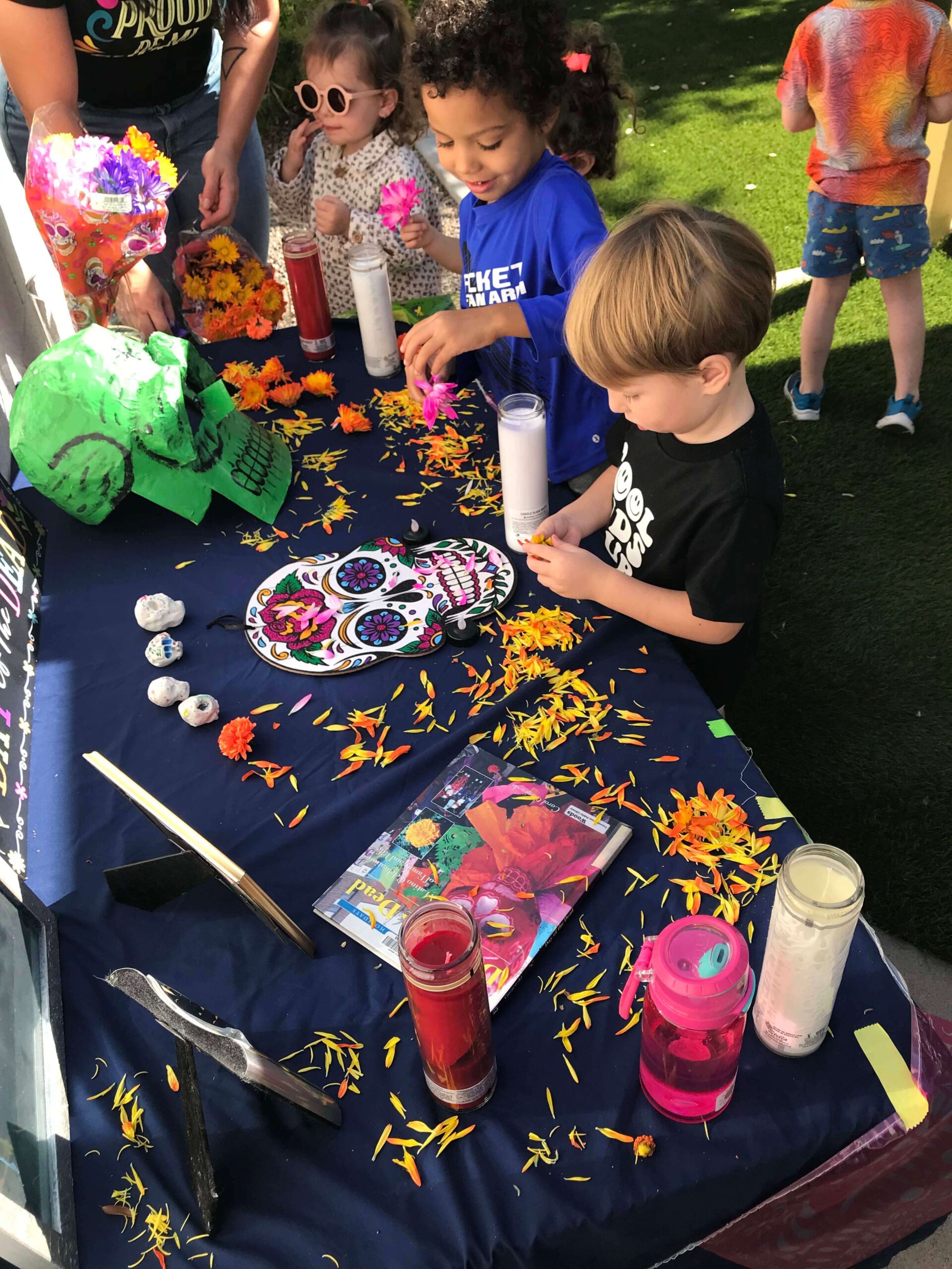 Part of our mission is to emerse our learners in the richness of cultures present in our communities. To make it as authentic as possible, we invite our families to share their traditions. We were fortunate and thankful for the sharing of the Dia de Los Muertos traditions by one of the Blossom moms. The children asked many questions and were fully engaged in creating decorations. We asked all families to send photos of their deceased lvoed one. The event creted rich discussions on the importance of honoring our ancestors and remembering them